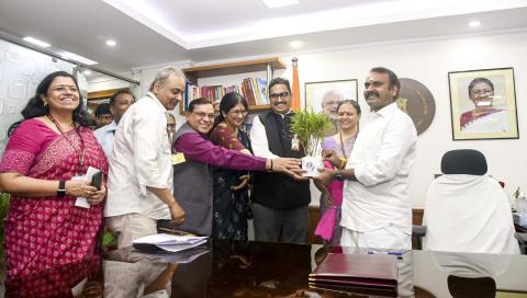 Dr. L. Murugan being welcomed during on his arrival for assumption of charge as the Minister of State for Information & Broadcasting, in New Delhi on June 11, 2024.