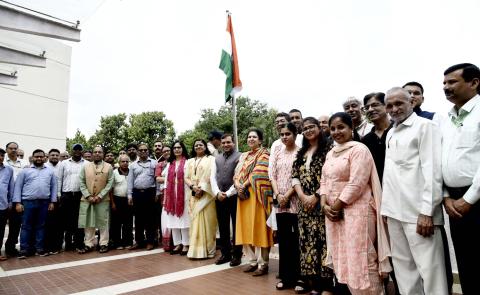 The Principal Director General, Press Information Bureau, Shri Dhirendra Ojha in a group photograph with the Senior officers and Staff of Press Information Bureau during the Flag hoisting event on the occasion of 78th Independence Day celebrations at National Media Centre, in New Delhi on August 15, 2024.