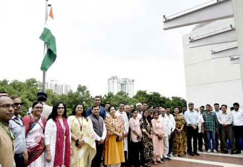 The Principal Director General, Press Information Bureau, Shri Dhirendra Ojha in a group photograph with the Senior officers and Staff of Press Information Bureau during the Flag hoisting event on the occasion of 78th Independence Day celebrations at National Media Centre, in New Delhi on August 15, 2024.