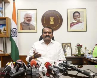 Dr. L. Murugan addressing the Media after assuming charge as the MOS For MIB